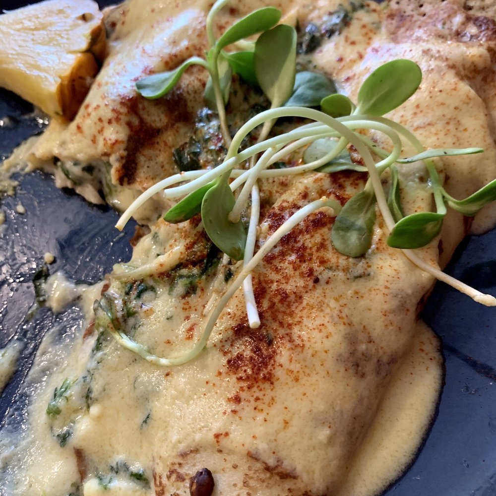 Pele's Kitchen - Spinach & mushroom crepe - Breakfast & Brunch Near Me - Pahoa, Hawaii Pele's Kitchen - Spinach & mushroom crepe - Breakfast & Brunch Near Me - Pahoa, Hawaii