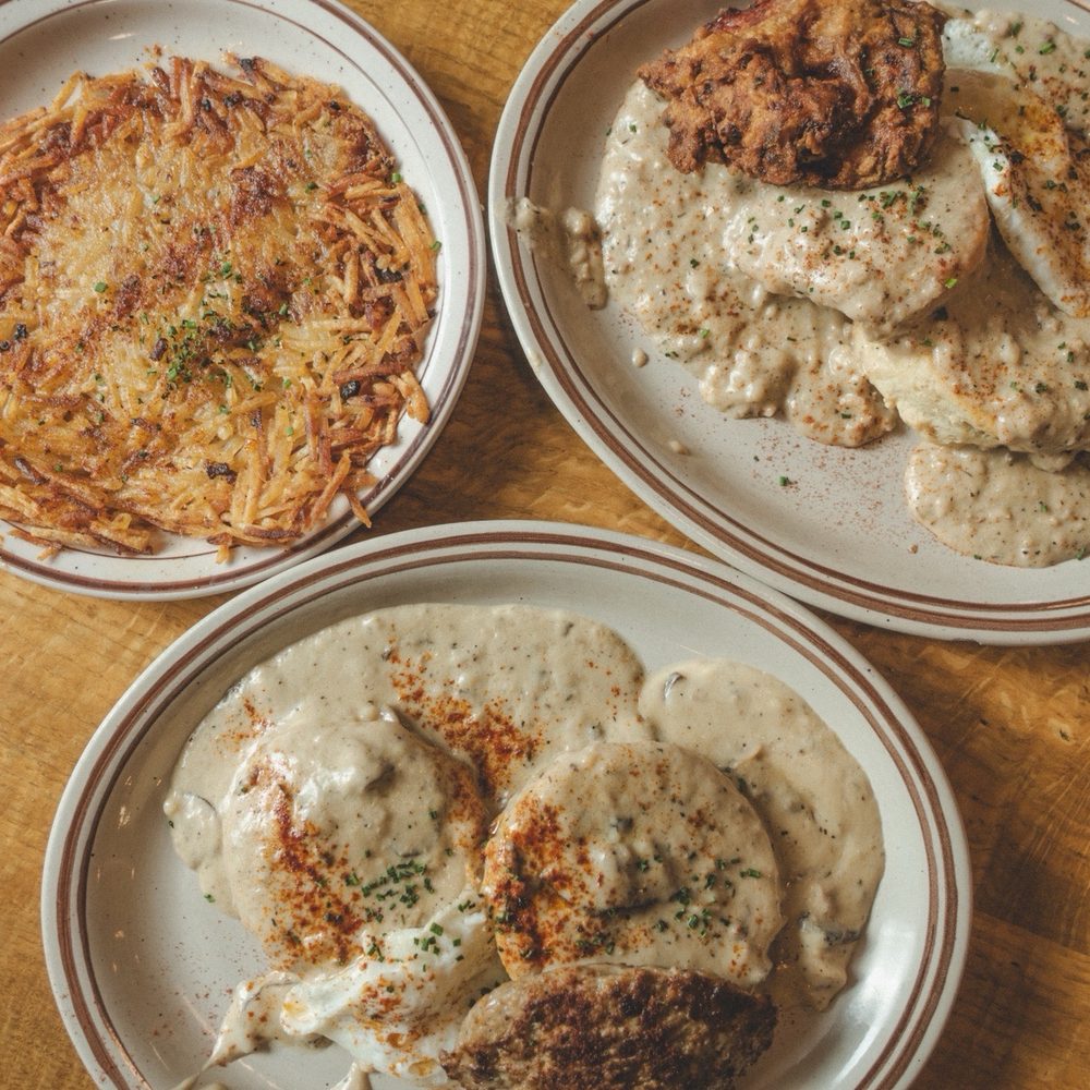 Biscuits & gravy with side of hash-browns, added sausage patty & fried chicken Biscuits & gravy with side of hash-browns, added sausage patty & fried chicken