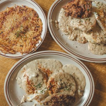 Pine State Biscuits - Biscuits & gravy with side of hash-browns, added sausage patty & fried chicken - Breakfast & Brunch Near Me - Portland, Oregon