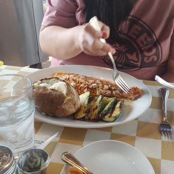 King's Fish House - Tempe - My wife's halibut with grilled zucchini and baked potato - Seafood Near Me - Tempe, Arizona King's Fish House - Tempe - My wife's halibut with grilled zucchini and baked potato - Seafood Near Me - Tempe, Arizona
