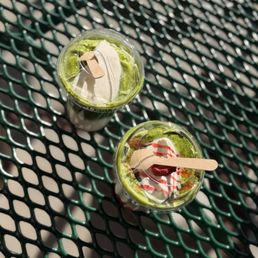 Matcha and strawberry matcha einspanners