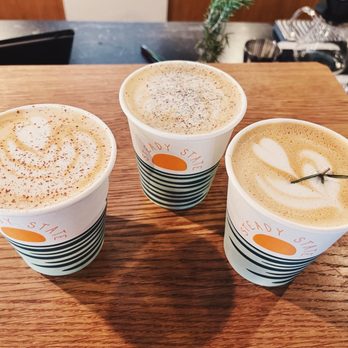 Steady State Roasting - Honey, Please!! (left), PSL (middle), and Rosemary Latte (right) - Coffee Roasteries Near Me - Carlsbad, California