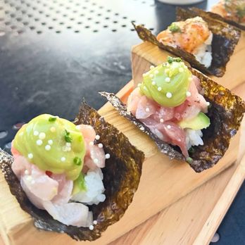 Hinoki - Yellowtail Avocado Yuzu Sauce and Shiso Squid Sushi Tacos - Dim Sum Near Me - Greenwich, Connecticut