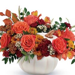 Allen's Flower Market - Long Beach - Harvest Pumpkin-Lovely fall flowers and foliage are designed in a keepsake, white pumpkin ceramic.