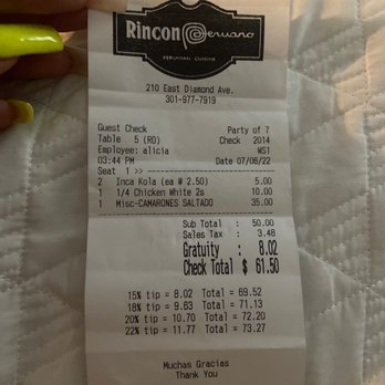 Rincon Peruano - I paid almost $20 on top of the entree just to substitute beef with shrimp . - Peruvian Near Me - Gaithersburg, Maryland Rincon Peruano - I paid almost $20 on top of the entree just to substitute beef with shrimp . - Peruvian Near Me - Gaithersburg, Maryland