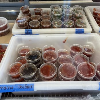 Crazy Fish - Grill & Market - Hot Sauces in case - Seafood Near Me - San Pedro, California