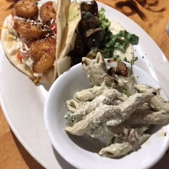 Cabo Fish Taco - Half soy ginger shrimp, half ahi tuna with a side of avocado pasta salad. - Mexican Near Me - Blacksburg, Virginia Cabo Fish Taco - Half soy ginger shrimp, half ahi tuna with a side of avocado pasta salad. - Mexican Near Me - Blacksburg, Virginia