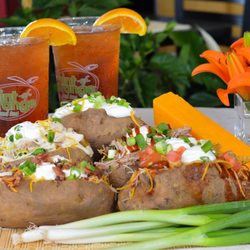 Petro's Chili and Chips - These potatoes are HUGE and always fresh! BBQ Pulled Pork, Grilled Chicken, BBQ Grilled Chicken, Buffalo Chicken or Petro Potato. AMAZING!