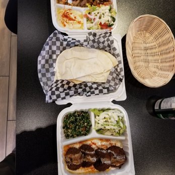 ZamZam - Top: chicken shawarma platter  Middle: pita breads for both platters Bottom: falafel platter - Middle Eastern Near Me - Vancouver, British Columbia