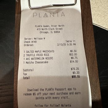 PLANTA Queen Chicago - Our receipt. Everything was divine! Definitely would get it all again:) - Sushi Bars Near Me - Chicago, Illinois PLANTA Queen Chicago - Our receipt. Everything was divine! Definitely would get it all again:) - Sushi Bars Near Me - Chicago, Illinois