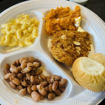 Bishop's Meat and Three - Shared a Meat & Three Plate (this is my half): Mac & Cheese, Fish Almondine, Pinto Beans, Carrot Soufflé & Roll! - Southern Near Me - Franklin, Tennessee