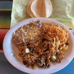 Mahaca and eggs, beans rice and tortillas.