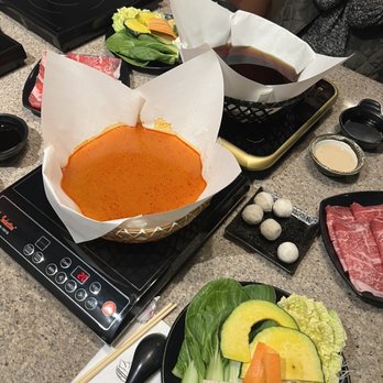 Paper Pot Shabu - spicy pork, american wagyu (6 oz), vegetable plate, fish balls - Hot Pot Near Me - Diamond Bar, California Paper Pot Shabu - spicy pork, american wagyu (6 oz), vegetable plate, fish balls - Hot Pot Near Me - Diamond Bar, California