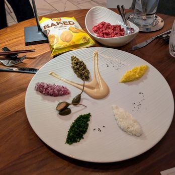Serevene - @endoedibles on IG 10/26/24  BEEF TARTARE - creekstone farms filet mignon, red onion, chive, caper, grated yolk, baked lays - French Near Me - Miami Beach, Florida