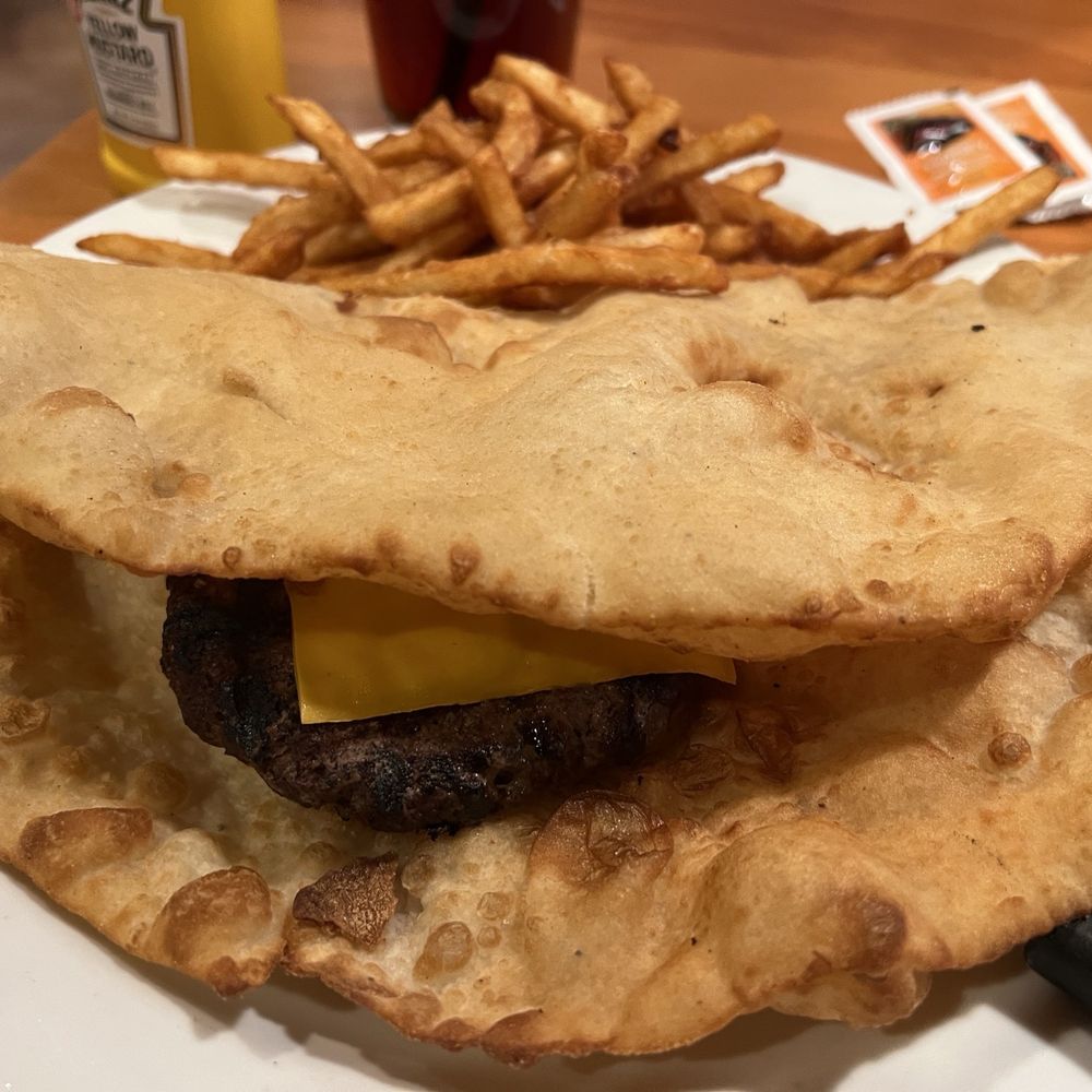 Indian Pueblo Kitchen - Hamburger on Fry Bread - New American Near Me - Albuquerque, New Mexico