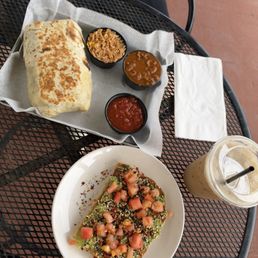 Avocado Toast, Hatch Green Chile burrito, and Honey Lavender Latte Avocado Toast, Hatch Green Chile burrito, and Honey Lavender Latte