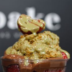 Bake The Cookie Shoppe - Pistachio Cream and Kataifi on our Dubai Chocolate Strawberry Cup