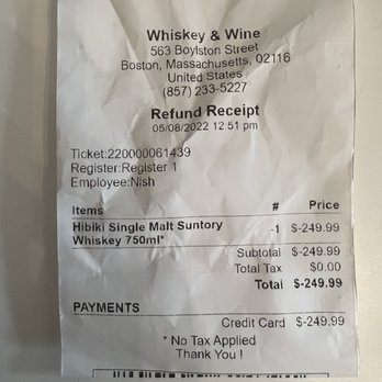 Whiskey & Wine - a receipt for a bottle of wine - Beer, Wine & Spirits Near Me - Boston, Massachusetts