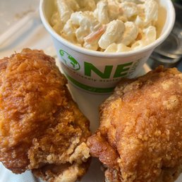 2 chicken thighs and 2 scoops of mac salad! 2 chicken thighs and 2 scoops of mac salad!