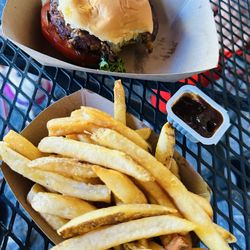 Bean Burger, Natural Cut Fries, BBQ Sauce