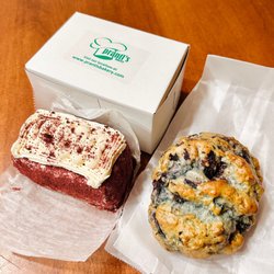 Prantl's Bakery - Blueberry scone and red velvet cake.