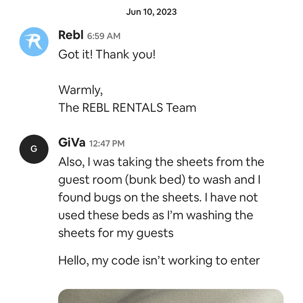 REBL Rentals - In addition to bugs found in bed, the door lock code was not working again. - Vacation Rentals Near Me REBL Rentals - In addition to bugs found in bed, the door lock code was not working again. - Vacation Rentals Near Me