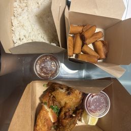 Side of steamed rice, half order fried chicken, 8 pieces lumpia Side of steamed rice, half order fried chicken, 8 pieces lumpia