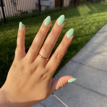 Exotic Nails - Fresh acrylic set with mint gel (#427) polish. Shape=almond. :) how gorgeous! - Nail Salons Near Me - Fairview Park, Ohio Exotic Nails - Fresh acrylic set with mint gel (#427) polish. Shape=almond. :) how gorgeous! - Nail Salons Near Me - Fairview Park, Ohio