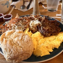 Moon Rise Cafe - Sausage Patty and 2 Egg Homemade Biscuit Hashbrown