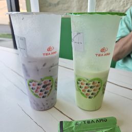Taro Milk Tea and Honeydew Milk Tea with lychee jelly toppings. Taro Milk Tea and Honeydew Milk Tea with lychee jelly toppings.
