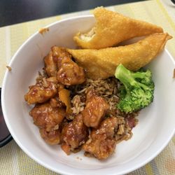 Chopstix Chinese restaurant - Orange chicken, fried rice, & Krab Rangoons