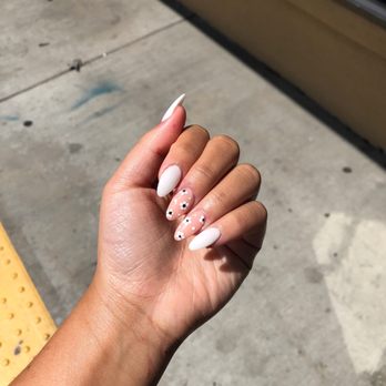 D'Vine Nails Spa - Dip nails with gel, almond shape, floral design, nude + white - Nail Salons Near Me - Anaheim, California