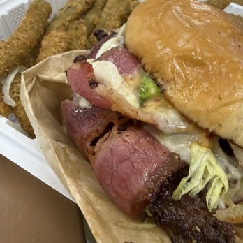 Brunch N Burger - The Cali Burger and bushel of fried green beans - Burgers Near Me - Bakersfield, California