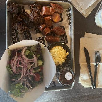 Bear's Smokehouse Barbecue - 2 Meat Combo with burnt ends, sausage, mac and cheese, and side salad - Southern Near Me - Windsor, Connecticut Bear's Smokehouse Barbecue - 2 Meat Combo with burnt ends, sausage, mac and cheese, and side salad - Southern Near Me - Windsor, Connecticut