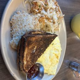 Traditional 3 eggs scrambled with Sourdough toast , Chicken sausage!!! With Jam on the side