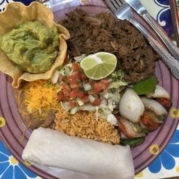 "Carne asada" plate with shredded beef not sliced as expected with carne asada. "Carne asada" plate with shredded beef not sliced as expected with carne asada.