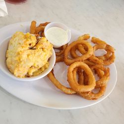 Oscar's Restaurant - Cheesy potatoes, housemade onion rings, homemade ranch.