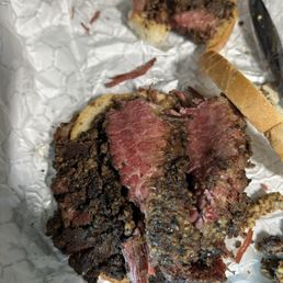 Little meat. Lots of spices piled high. Scrapped so much spice off the sandwich I had 2 or 3 pieces of actual pastrami. Waste of $30 Little meat. Lots of spices piled high. Scrapped so much spice off the sandwich I had 2 or 3 pieces of actual pastrami. Waste of $30