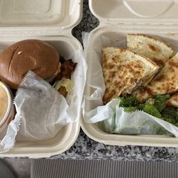 Chicken wrap with a side of chili. The Sassy burger with mac. Chicken cheese quesadilla with broccoli. Sweat potato waffle fries.