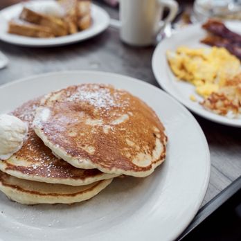 Village Vault Restaurant - Buttermilk Pancake Combo with bacon, scrambled eggs, and hashbrowns - American Near Me - Glendora, California Village Vault Restaurant - Buttermilk Pancake Combo with bacon, scrambled eggs, and hashbrowns - American Near Me - Glendora, California