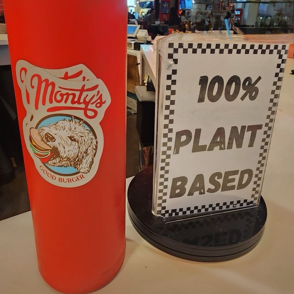 Monty's Good Burger - This sign let ppl know 100 percent vegan - Burgers Near Me - Riverside, California Monty's Good Burger - This sign let ppl know 100 percent vegan - Burgers Near Me - Riverside, California
