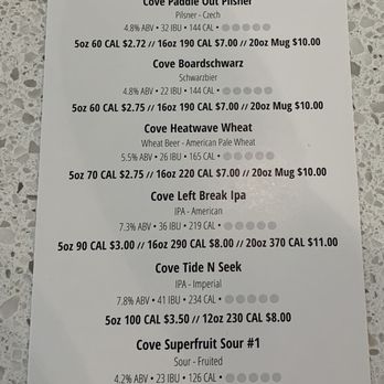 Cove Brewery - Beer menu of six options on tap. - Brewpubs Near Me - Deerfield Beach, Florida