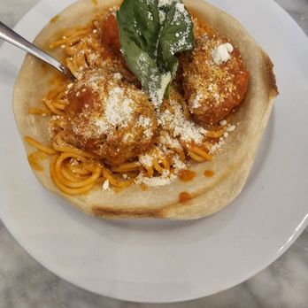 Immigrant Son Caffe - Spaghetti and meatballs in a bread bowl - New American Near Me - Ventura, California Immigrant Son Caffe - Spaghetti and meatballs in a bread bowl - New American Near Me - Ventura, California