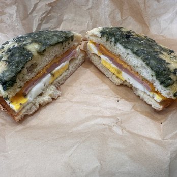 Einstein Bros Bagels - Ham, egg and cheddar cheese on florentine bagel.  Yum - Breakfast & Brunch Near Me - Tomball, Texas