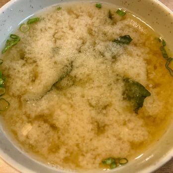 Mioki Sushi - miso soup that comes with the Deluxe Bento - Sushi Bars Near Me - Fremont, California
