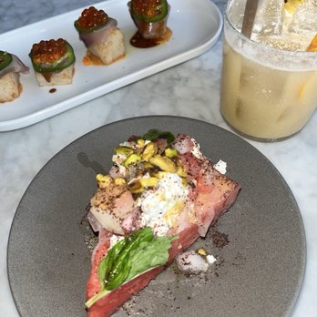 Arden - Watermelon Salad, Hamachi Sashimi on Crispy Sushi Rice, Painkiller - New American Near Me - Brooklyn, New York