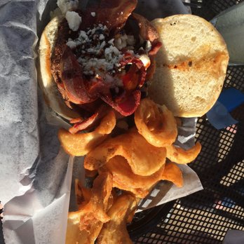 Harbor House - Black and bleu burger with fries ($1.99 up charge) - Bars Near Me - Huron, Ohio