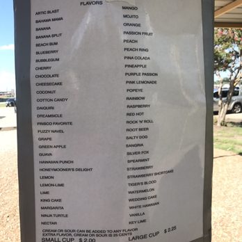 Frisco Snow Cone Lady - All the flavors and prices. - Shaved Ice Near Me - Frisco, Texas