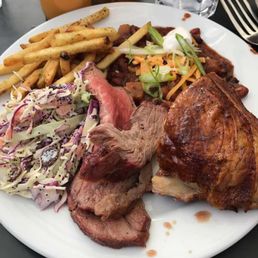 Tri tip, chicken, chili beans, coleslaw, fries