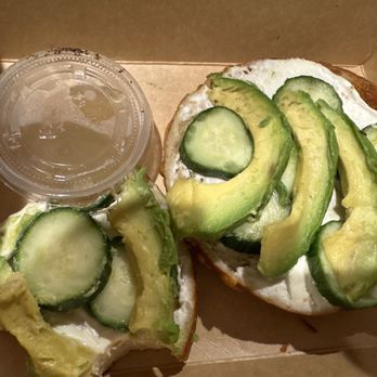 Blvd Coffee - Jalapeno cheese bagel - the special bagel  - after we cut off bad areas.  See how thin the cream cheese is?  For $11.82, I expected better! - Coffee & Tea Near Me - San Jose, California